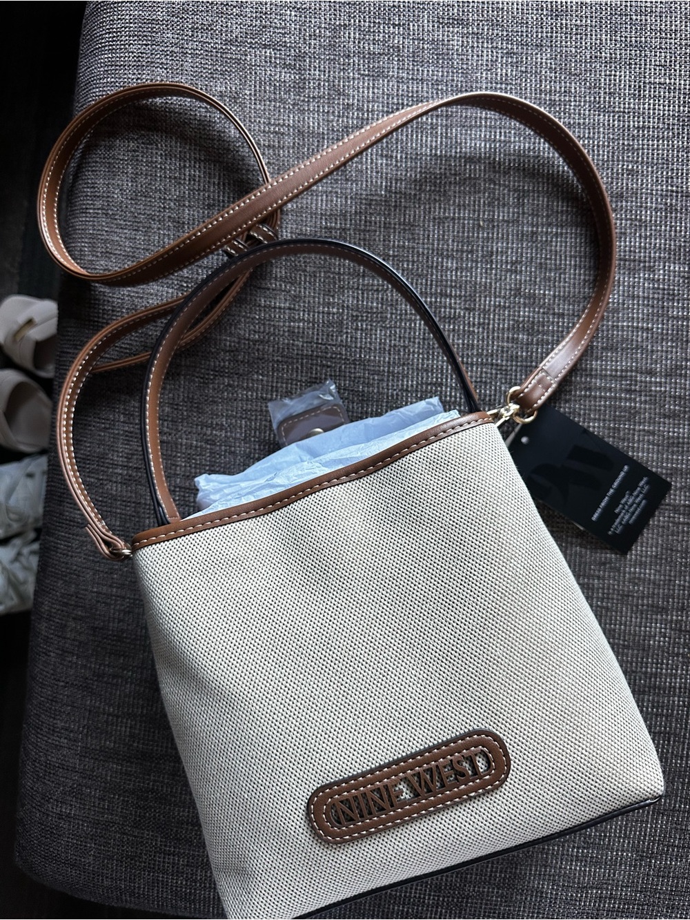 Nine West Beige Canvas Crossbody Bag with Brown Trim